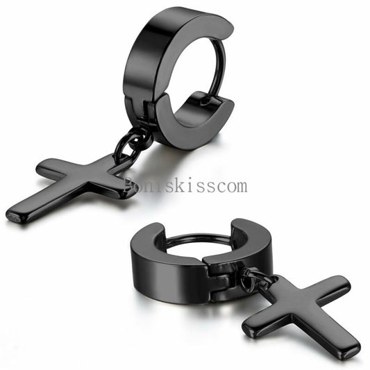 Men's Women's Stainless Steel Cross Drop Dangle Huggie Hinged Hoop Earrings