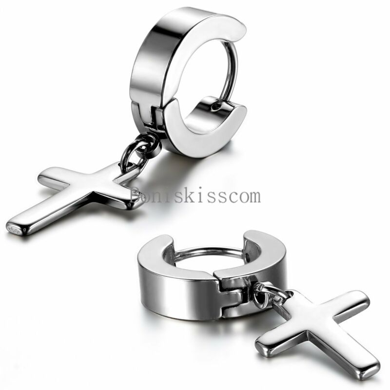 Men's Women's Stainless Steel Cross Drop Dangle Huggie Hinged Hoop Earrings