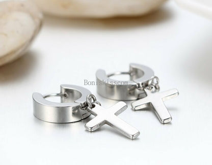 Men's Women's Stainless Steel Cross Drop Dangle Huggie Hinged Hoop Earrings