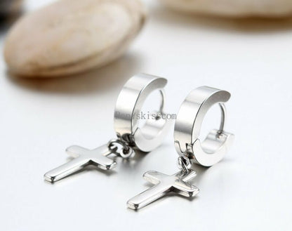 Men's Women's Stainless Steel Cross Drop Dangle Huggie Hinged Hoop Earrings