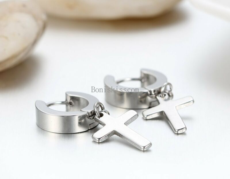 Men's Women's Stainless Steel Cross Drop Dangle Huggie Hinged Hoop Earrings